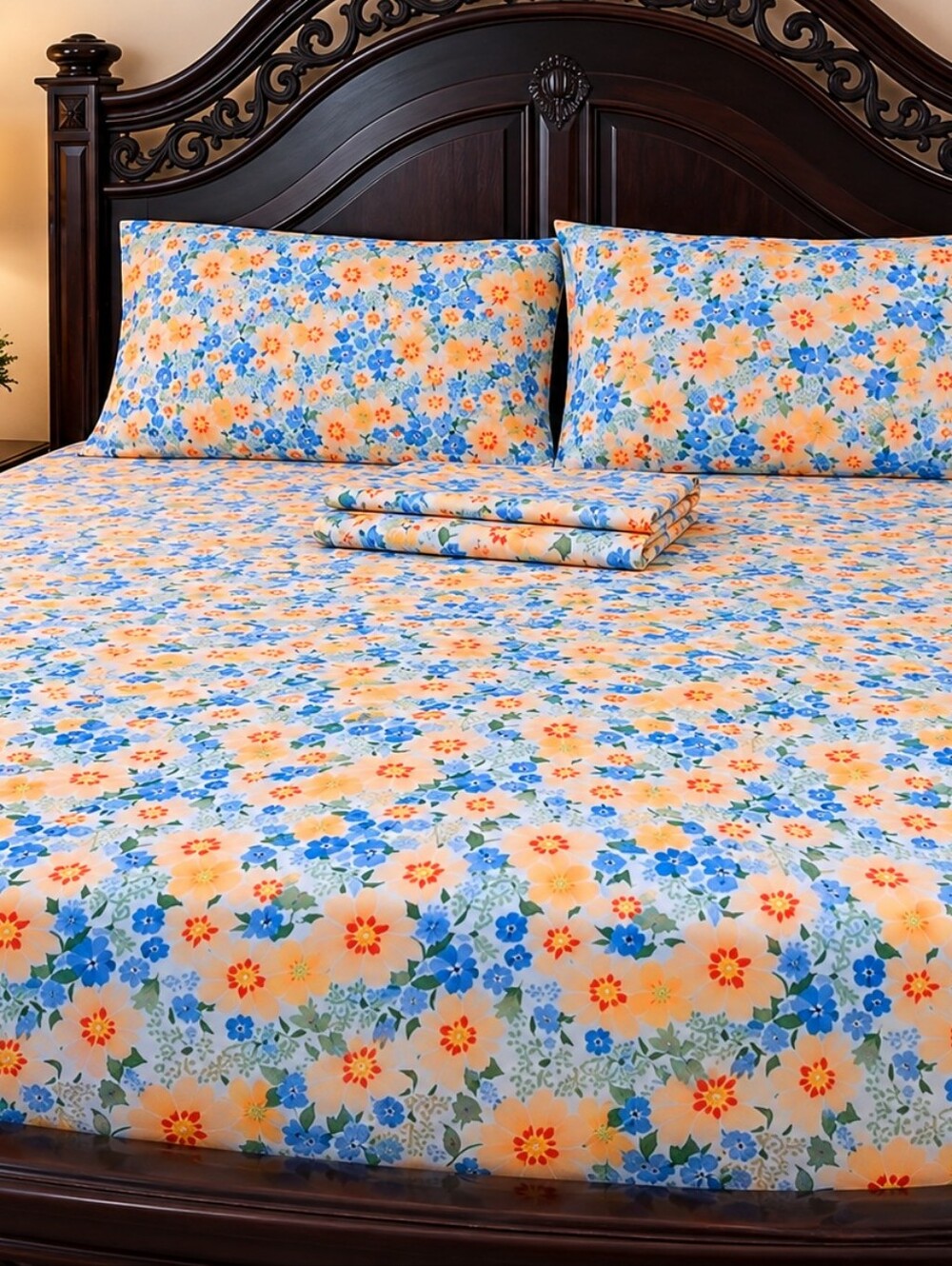 Soft Floral Cotton Sheet Set in Blue and Yellow